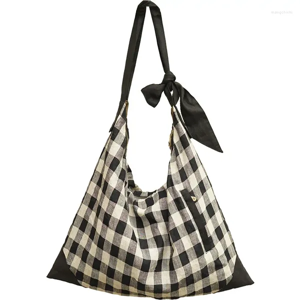 Totes Damen Hobos Origional Leinen Plaid Tasche Einfache künstlerische Stoff Umhängetasche Vielseitige Handtasche