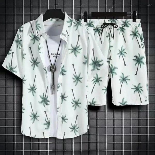 Tracksuits masculinos homens férias conjunto de roupas tropicais folhas impressão estilo havaiano camisa shorts com elástico cordão cintura bolsos 2 para