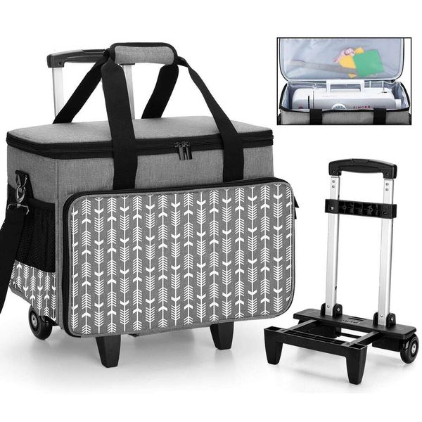 Estojo de transporte removível Yarwo, sacola de carrinho Placa de madeira com fundo removível para a maioria das máquinas de costura e acessórios padrão, cinza com seta