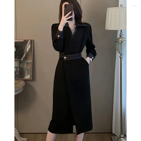 Vestidos casuais 2024 primavera outono mulheres magro manga longa vestido coreano escritório senhora graciosa preto split retalhos midi v-pescoço vestido feminino