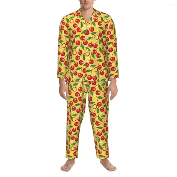 Cerejas vermelhas de roupas de sono masculinas pijama folhas folhas imprimoras homens calorosamente manga longa sono solto de 2 peças roupas de noite grande xl 2xl