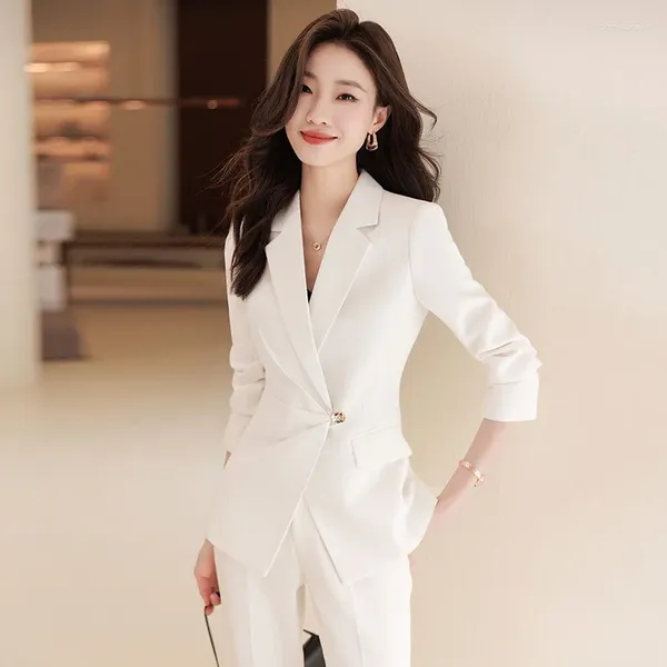Calças femininas de duas peças terno branco jaqueta outono high-end design sentido nicho estilo coreano fino ajuste moda casual formal