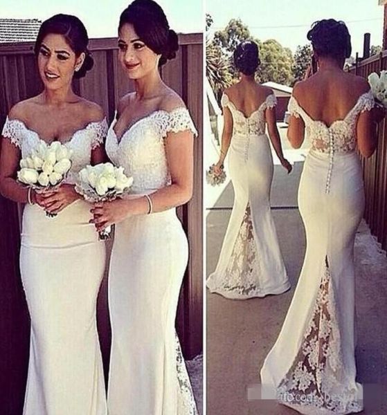 Elegantes vestidos formais longos para mulheres 2019 rendas fora do ombro sereia trem varredura espartilho vestidos de dama de honra botão coberto costas swe6988989