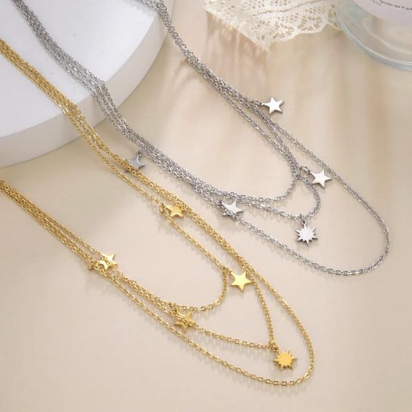 Colares de pingente 2024 estrela colar para mulheres cor prata aço inoxidável três camadas colares elegante moda jóias acessórios