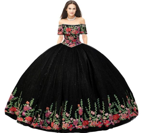 Bonito fora do ombro decote recortado brilho tule vestido quinceanera preto colorido bohemia floral apliques doce 16 vestido debutante6133555