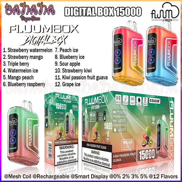 Fluum Box Digital TN15000 Puff 15k Vape Box Kit 15000 Puffs Ajustável Fluxo de Ar Óleo Power Display Malha Bobina Recarregável E Cigarros Vaper