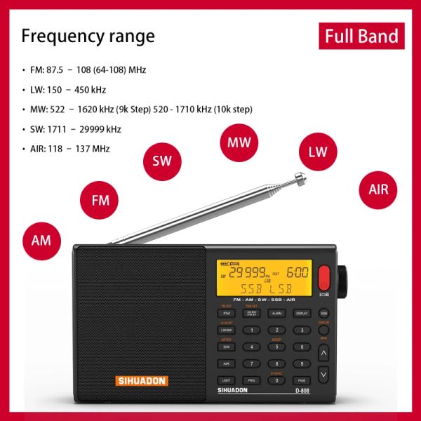 Rádio XHDATA D808 Rádio Portátil Cinza AM FM de Alta Sensibilidade e Som Profundo Estéreo Multi Full Banda com Display LCD Temperatura de Alarme