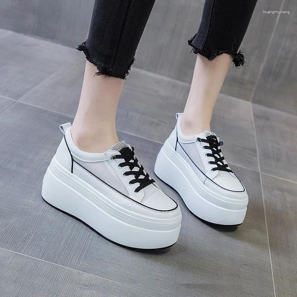 Freizeitschuhe 8 cm Weiß Echtleder Plateauabsatz Damen Flats Bequeme Creepers Chunky Sneaker Sommer