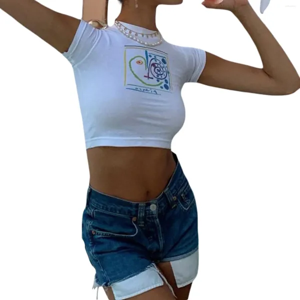 Mulheres Camisetas Mulheres Bonito Gráfico Impressão Crop Top T-shirt Estética Manga Curta Tee Tops E Girl Roupas Brancas