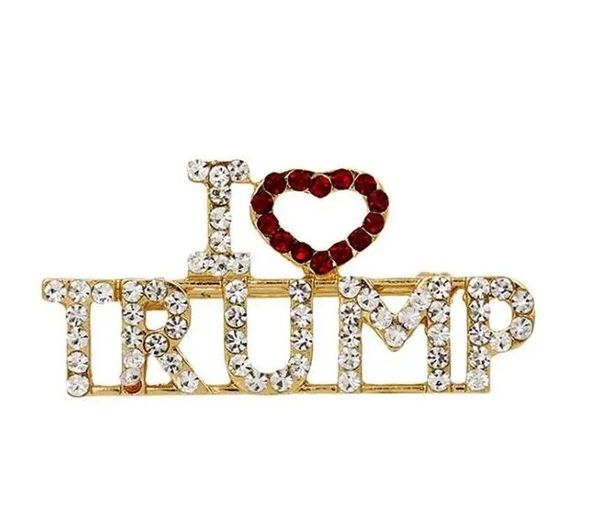 Trump Crystal Rhinestones Letra de design exclusivo Broches Carta do coração vermelho Eu amo Trump Palavras Pin Girls Girls Coat Dress Jewelry