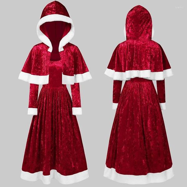 Vestidos casuais retro mulheres natal papai noel traje veludo vestido longo inverno moda o-pescoço manga de duas peças xale senhora vestidos