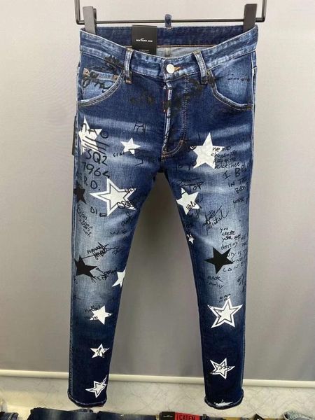 Jeans da uomo con stampa di lettere, pantaloni a matita alla moda strappati e impiombati graffiati 9851#