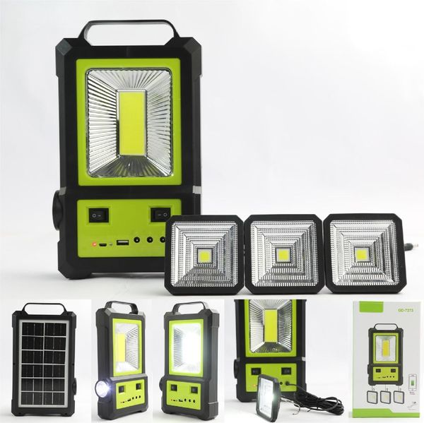 Sistema de iluminação solar com 3 lâmpadas LED quadradas, painel solar, luz de inundação e cabo USB, kit completo de iluminação solar