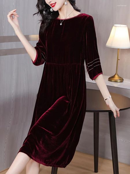 Casual Kleider Frühling Sommer Rot Vintage Frauen Mini Kleid Oansatz Samt Koreanische Mode Spleißen Drei Viertel Hülse Party Elegant