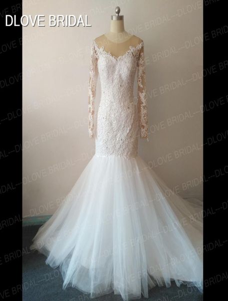 Nova chegada de luxo grande pérola frisado sereia vestido de casamento nupcial com ilusão manga longa vestido de noiva fábrica feito sob encomenda 8707717