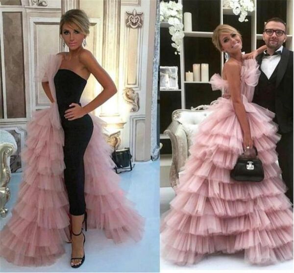 Duas peças vestidos de noite 2020 design exclusivo rosa sem alças babados tutu saia com pequeno vestido preto em camadas vestidos de baile2347201