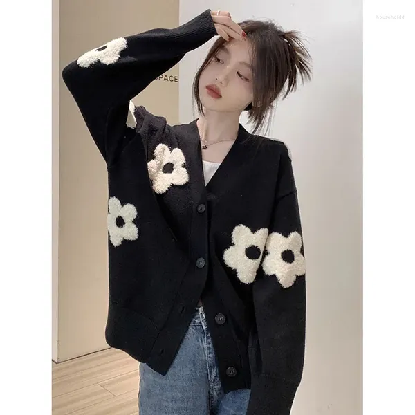 Женский вязаный свитер в Корейском стиле с v-образным вырезом и цветочной вышивкой, кардиган с мягкой текстурой, женская 2024, ранняя осень, дизайн, повседневное свободное пальто, блузка