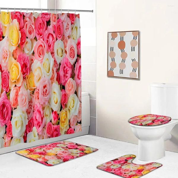 Tende da doccia Set da parete con fiori freschi Fiori rurali Rose Tappetino da bagno botanico e tappeto da pavimento in poliestere Copri coperchio del WC