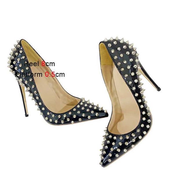 Sapatos de vestido celebridade estrela salto alto 12cm apontou salto fino único boca rasa rebite mulheres bombas 2023 novo design exclusivo stilettos h240321ebywzf08