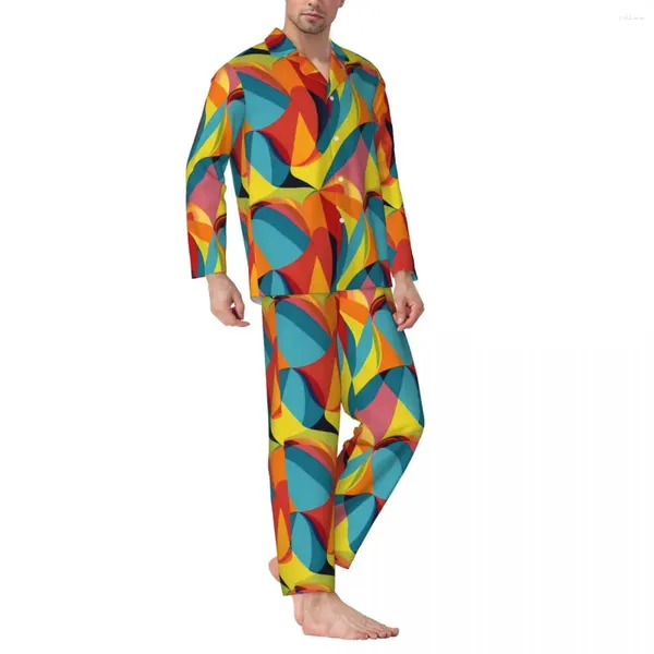 Indumenti da notte da uomo ColorBlock Autunno Stampa astratta Set pigiama oversize vintage da uomo Maniche lunghe Abito morbido modello casa