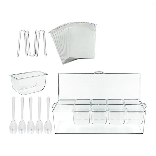 Teller-Caddy-Set für gekühlte Gewürze, 5 Fächer, Klappdeckel, transparentes Garniertablett