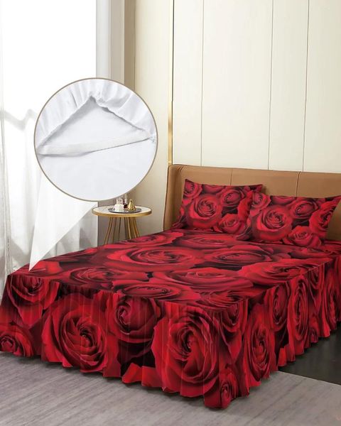 Gonna da letto San Valentino Copriletto elastico con fiore di rosa rossa con federe Coprimaterasso Lenzuolo da letto