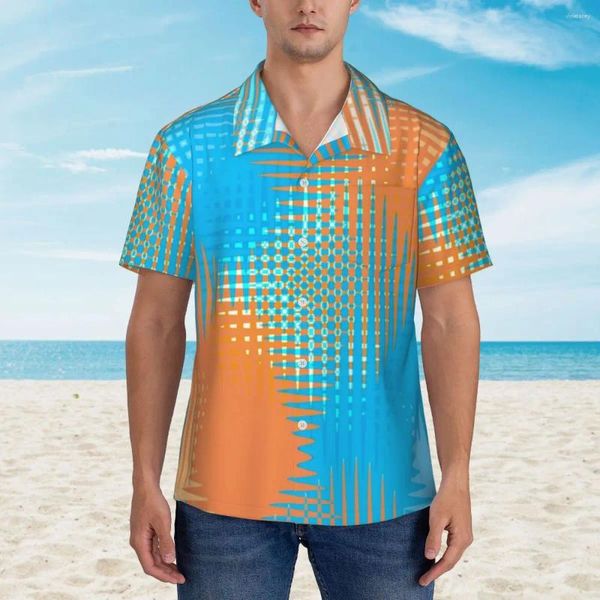 Camisas casuais masculinas abstrato dois tons camisa de praia homens estilizados laranja e céu azul verão manga curta design vintage blusas oversize