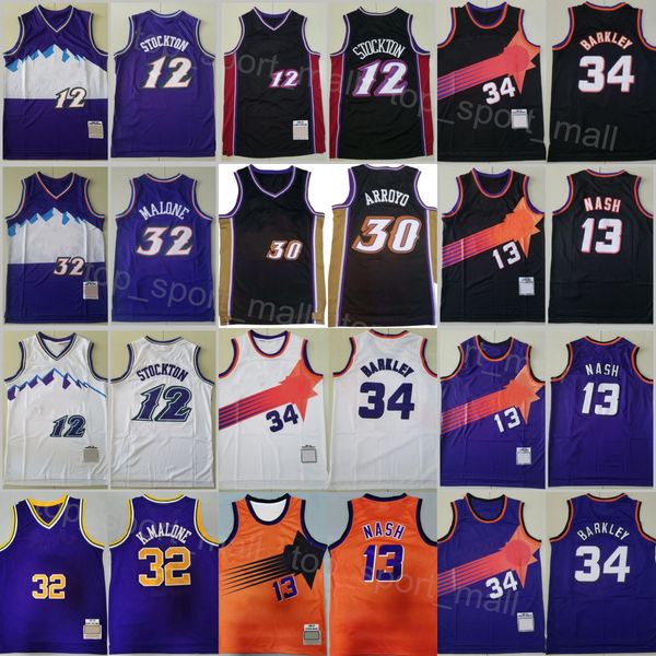 Maglia da basket vintage da uomo John Stockton Jersey 12 Karl Malone 32 Carlos Arroyo 30 Steve Nash 13 Charles Barkley 34 Camicia Retro Nero Viola Bianco Arancione