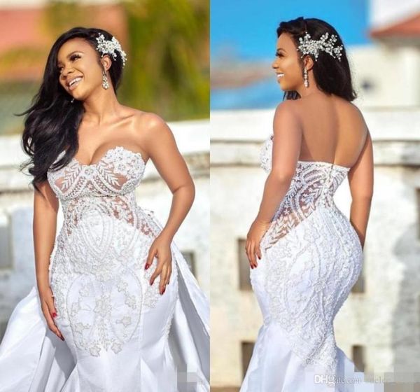 2020 luxo frisado sereia vestidos de casamento renda applique cetim destacável capela trem querida decote ilusão plus size brid7595101