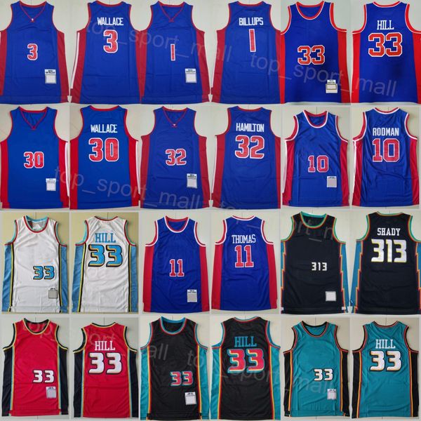 Herren Throwback Basketball Vintage Isiah Thomas Trikot 11 Dennis Rodman 10 Grant Hill 33 Chauncey Billups 1 Ben Wallace 30 Richard Hamilton 32 Schwarz Blau Weiß Rot