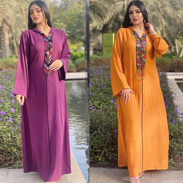 Abbigliamento etnico Donne musulmane Abaya Perline colorate Abito lungo con cappuccio Caftano arabo Abito lungo Ramadan Islamico turco Medio Oriente