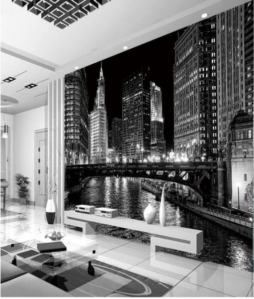 Papel de parede 3D 3D da noite da cidade de preto e branco City