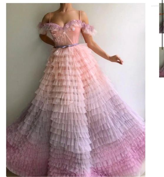 Vestidos de festa verngo colorido rosa tule em camadas saia noite cintas de espaguete querida ossos flores em camadas requintado vestido de baile