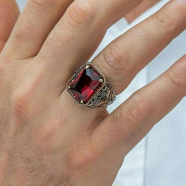 Tendência da moda vintage vermelho esmeralda pedra 14k anel de ouro para mulheres homens jóias acessórios presente de aniversário masculino anéis de negócios