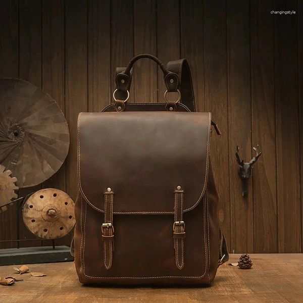 Rucksack Handgefertigt Vintage Crazy Horse Leder Herren Casual Echte Umhängetasche Retro Rindsleder Große Kapazität Satchel