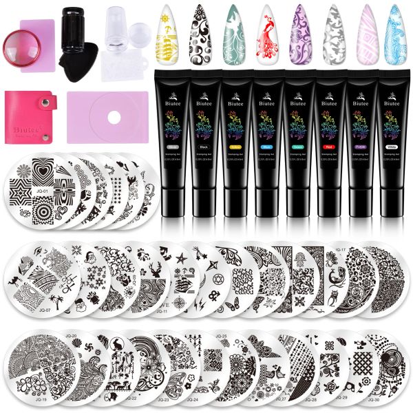 Rossetto Biutee 44/36pc Kit Nail Stamping Piatti Kit 8 Stamping Gel 2 Gelatina trasparente Stampini per nail art 30 Piastra per unghie Template Strumenti per nail art