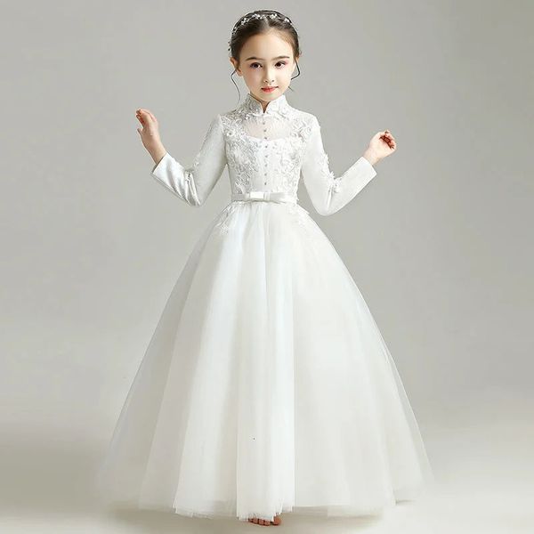 Noite princesa meninas festa branco baile de formatura vestido de tule fofo flor menina inverno veludo casamento vestidos da criança para o ano 2023 240318