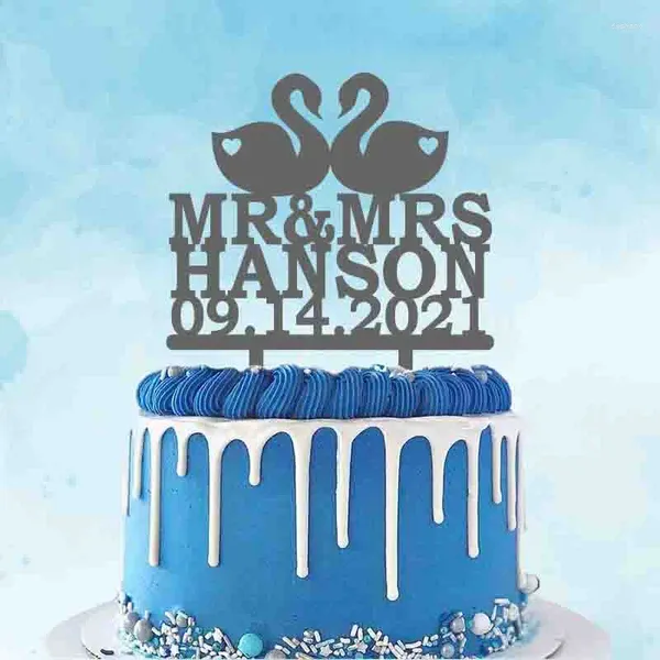 Articoli per feste Personalizzato Cigno Coppia Topper per torta nuziale Personalizzato Mr. Mrs. Cognome Data Decorazione