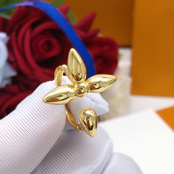 Designer de jóias flor carta anel marca luxo para mulheres 18k banhado ouro casamento presente noivado com caixa