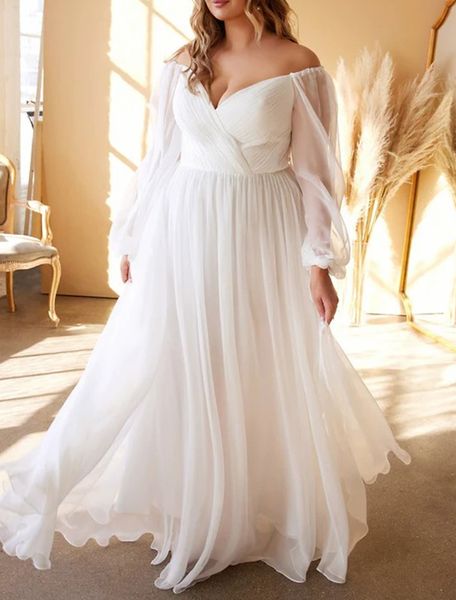 Elegante manga longa marfim organza jardim vestidos de casamento a linha plus size plissado com decote em v até o chão zíper voltar vestidos de noiva para mulher