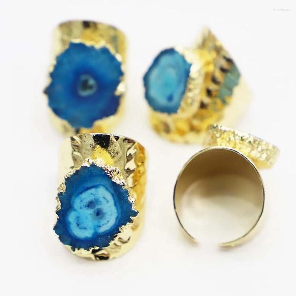 Cluster Ringe Rohstein See Blaue Sonnenblume Achate Druzy Quarz Einstellbar Frauen Irregualr Gold Farbe Offener Fingerschmuck Großhandel 4 Stück