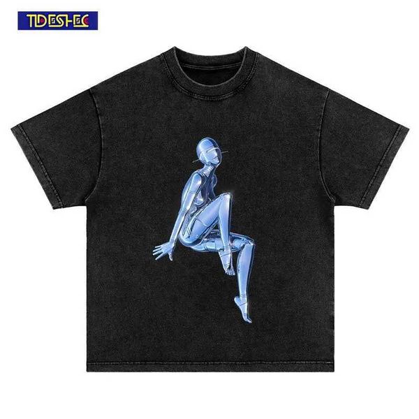 T-shirt da uomo 2023 Retro Cartoon Robot Stampa Wash T-shirt a maniche corte Estate Extra Large in cotone Casual T-shirt da uomo Hip Hop Harajuku Street Clothing J240319