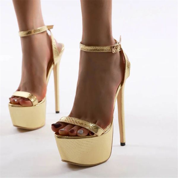 Sandali oro sexy serpente sandals sandals estate tacchi super alti da 16 cm 2024 piattaforma femminile