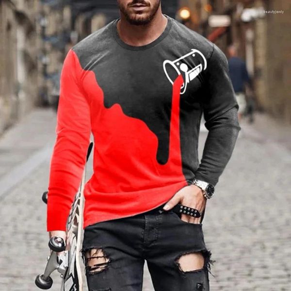 T-shirt da uomo Tempo libero Autunno e inverno Stagioni Moda T-shirt manica lunga taglia europea Pintura De Print T-shirt girocollo