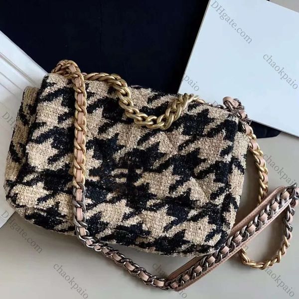 7a Top Designer Bolsa Feminina de Luxo Outono e Inverno Um Ombro Crossbody 19 Pacotes Houndstooth Marca Clássica Moda Casual Tweed Travesseiro Corrente Embreagem Grande Lã