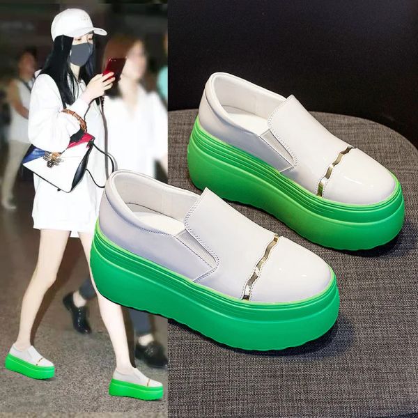 Flats 8cm Kadınlar Yaz Orijinal Deri Platform Loafer Ayakkabı Yeşil Yuvarlak Toe Flats Platform Ayakkabıları Oxford Slip On Sıradan Daireler Ayakkabı