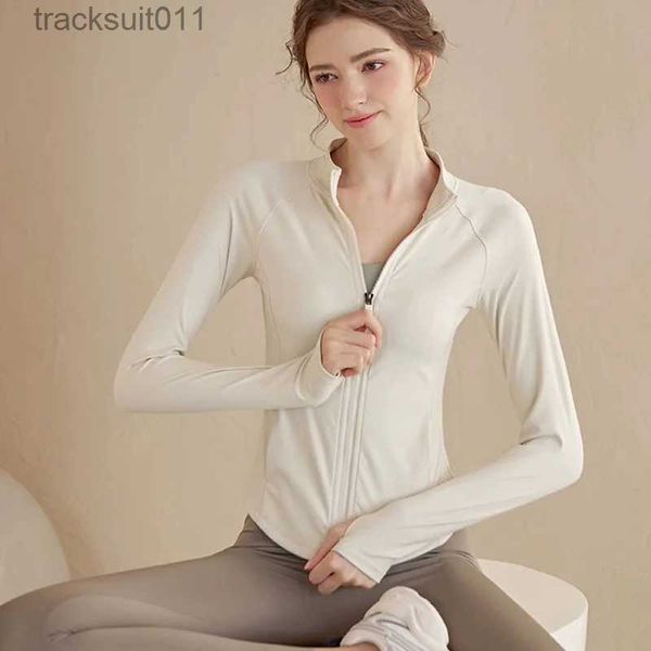 Aktive Sets Yoga-Anzugjacke mit doppeltem Reißverschluss und Stehkragen, langärmelige, ultradünne Sport-Laufrad-Herbst- und Winter-FitnessanzugC24320