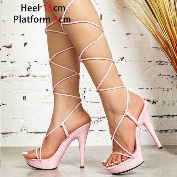 Kleidschuhe 2023 Neue Schnürsandalen Frauen Plattform Sommer Damenmode Dünnes Band High Heels Pumps Plus Size Nachtclub Stripper Show H240321K29X8CES