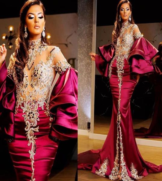 2022 Sparkly Arabic Aso Ebi Dark Red Mermaid Prom Dresses Crystals Beaded High Split Long Sleeves Plus Size Evening Formal Party S1096408