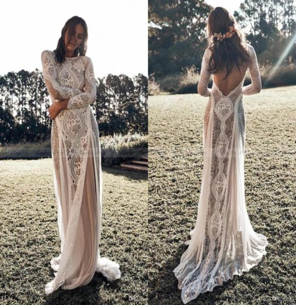 Abiti da sposa vintage in pizzo Boho Beach Maniche lunghe Applique Backless Stile country Abito da sposa bohémien Abiti da sposa Hippie Gyp7283105